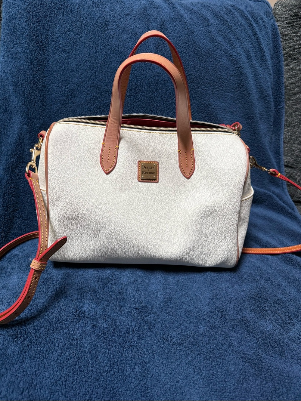 Dooney & Bourke White Pebble Leather Satchel with Tan Handles and Pink Trim